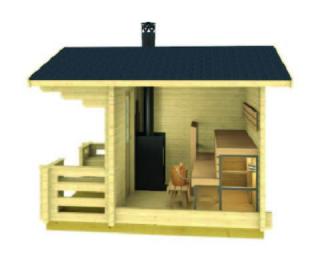 Vonkajšia sauna LERA, 2,4 x 3,8m s terasou (24/40mm) (Drevená záhradná sauna LERA, 2,4 x 3,8m s terasou (24/40mm))
