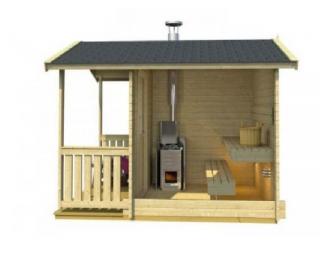 Vonkajšia sauna MORERA, 2,7 x 3,7m s terasou (24/40mm) (Drevená záhradná sauna MORERA, 2,7 x 3,7m s terasou (24/40mm))