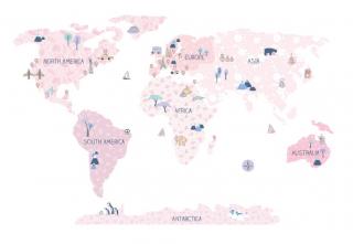 Samolepka na stenu Mapa sveta růžová (3 veľkosti)