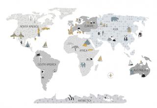 Samolepka na stenu Mapa sveta šedá (3 veľkosti)