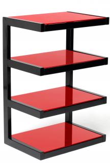 Hifi stolík ESSE HIFI (čierny rám + červené sklo)  (Moderný Hifi stolík pre AV príslušenstva. Stolík má 4 police z červeného bezpečnostného skla. Dobrá voľba je kombinovať tento Hifi stolík s rovnomenným TV stolíkom, alebo stojany na reproduktory. Hifi)