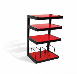 Hifi stolík ESSE HIFI VINYL (čierny rám + červené sklo) (Luxusný Hifi stolík Esse Vynil pre gramofónové platne + AV príslušenstvo. Stolík má 4 police z bezpečnostného skla. Dobrá voľba je kombinovať tento Hifi stolík s rovnomenným TV stolíkom, alebo stoja