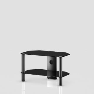 TV/HiFi stolík AN-027 (čierné sklo + čierné alu) (Malý Tv stolík s 2 policami vyrobený z materiálov sklo + kov. Stolík má skryté vedenie kabeláže a skrytá pojazdné kolieska. Nosnosť vrchnej police je 50kg.)
