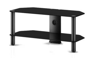 TV stolík AN-029 (čierne sklo + čierne alu) (Malý Tv stolík s 2 policami vyrobený z materiálov sklo + kov. Stolík má skryté vedenie kabeláže a skrytá pojazdné kolieska. Nosnosť vrchnej police je 50kg.)