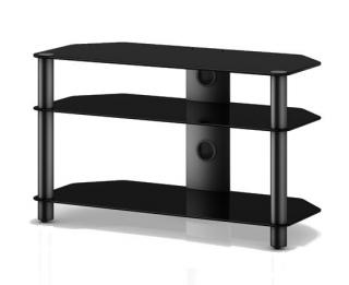 TV stolík AN-039 (čierne sklo + čierne alu) (Malý Tv stolík s 3 policami vyrobený z materiálov sklo + kov. Stolík má skryté vedenie kabeláže a skrytá pojazdné kolieska. Nosnosť vrchnej police je 50kg.)