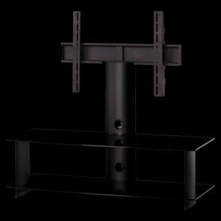 TV stolík SP-210 (čierne sklo + čierne alu) (Moderný TV stolík so stojanom pre TV do 55" Skrytá kolieska, možnosť natáčania televízie do strán, management kabeláže, bezpečnostné sklo s leštenými okrajmi. )