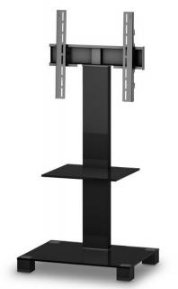 TV stolík SP-211 (čierne sklo + čierne alu) (Moderný TV stolík so stojanom pre TV do 50" Skrytá kolieska, možnosť natáčania televízie do strán, management kabeláže, bezpečnostné sklo s leštenými okrajmi. )
