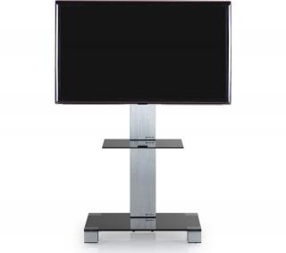 TV stolík SP-211 (čierne sklo + strieborné alu) (Moderný TV stolík so stojanom pre TV do 50" Skrytá kolieska, možnosť natáčania televízie do strán, management kabeláže, bezpečnostné sklo s leštenými okrajmi. )