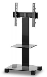TV stolík SP-211 (číre sklo + čierne alu) (Moderný TV stolík so stojanom pre TV do 50" Skrytá kolieska, možnosť natáčania televízie do strán, management kabeláže, bezpečnostné sklo s leštenými okrajmi. )