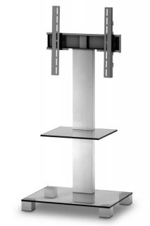 TV stolík SP-211 (číre sklo + strieborné alu) (Moderný TV stolík so stojanom pre TV do 50" Skrytá kolieska, možnosť natáčania televízie do strán, management kabeláže, bezpečnostné sklo s leštenými okrajmi. )