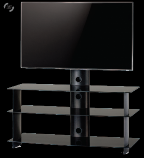TV stolík SP-213 (čierne sklo + čierne alu) (Luxusný stolík pod televízor v kombinácii sklo, kov. 3x police, možnosť natáčanie televízie do strán, vedenie kabeláže, leštené bezpečnostné sklo s hladkými okrajmi. Nosnosť držiaku na TV je 50kg.)