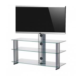 TV stolík SP-213 (číre sklo + nerez alu) (Luxusný stolík pod televízor v kombinácii sklo, kov. 3x police, možnosť natáčanie televízie do strán, vedenie kabeláže, leštené bezpečnostné sklo s hladkými okrajmi. Nosnosť držiaku na TV je 50kg.)