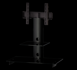 TV stolík SP-220 (čierne sklo + čierne alu) (Moderný TV stolík so stojanom pre TV do 42" Skrytá kolieska, možnosť natáčania televízie do strán, management kabeláže, bezpečnostné sklo s leštenými okrajmi. )