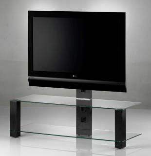 TV stolík SP-240 (číre sklo + čierne alu) (Moderný TV stolík so stojanom pre TV do 55" Skrytá kolieska, možnosť natáčania televízie do strán, management kabeláže, bezpečnostné sklo s leštenými okrajmi. Nosnosť držiaku je 60kg)