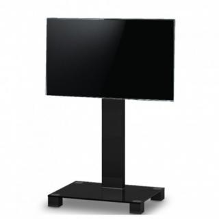 TV stolík SP-251 (čierne sklo + čierne alu) (Moderný TV stolík so stojanom pre TV do 60" Skrytá kolieska, možnosť natáčania televízie do strán, management kabeláže, bezpečnostné sklo s leštenými okrajmi. )