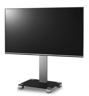 TV stolík SP-2511 (čierne sklo + strieborné alu) (Moderný TV stolík so stojanom pre TV do 50" Skrytá kolieska, možnosť natáčania televízie do strán, management kabeláže, bezpečnostné sklo s leštenými okrajmi. )
