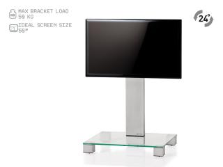 TV stolík SP-2511 (číre sklo + strieborné alu) (Moderný TV stolík so stojanom pre TV do 50" Skrytá kolieska, možnosť natáčania televízie do strán, management kabeláže, bezpečnostné sklo s leštenými okrajmi. )