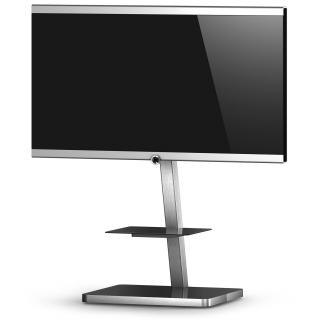 TV stolík SP-271 (čierne sklo + strieborné alu) (Krásny TV stojan pre Tv do 60". Skryté vedenie kabeláže, podstavce z lešteného bezpečnostného skla, možnosť natáčania TV do strán. Luxusný vzhľad a kvalita použitých materiálov. Nosnosť TV 30kg)