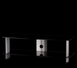 TV stolík SP-311 (čierne sklo + strieborné alu) (Luxusný stolík pod televízor v kombinácii sklo, kov. 2x police,  vedenie kabeláže, leštené bezpečnostné sklo s hladkými okrajmi. Nosnosť vrchnej police je 50kg.)