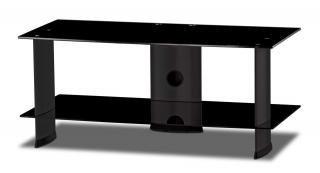 TV stolík SP-3115 (čierne sklo + čierne alu) (Luxusný stolík pod televízor v kombinácii sklo, kov. 2x police, vedenie kabeláže, leštené bezpečnostné sklo s hladkými okrajmi. Nosnosť vrchnej police je 50kg.)