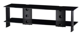 TV stolík SP-3150 (čierne sklo + čierne alu) (Luxusný stolík pod televízor v kombinácii sklo, kov. 2x police, vedenie kabeláže, leštené bezpečnostné sklo s hladkými okrajmi. Nosnosť vrchnej police je 50kg.)