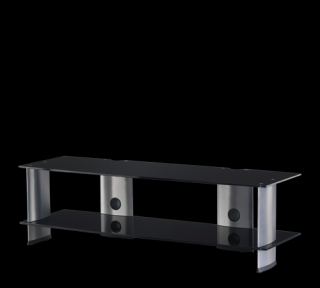 TV stolík SP-3150 (čierne sklo + strieborné alu) (Luxusný stolík pod televízor v kombinácii sklo, kov. 2x police, vedenie kabeláže, leštené bezpečnostné sklo s hladkými okrajmi. Nosnosť vrchnej police je 50kg.)