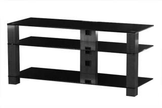 TV stolík SP-340 (čierne sklo + čierne alu) (Luxusný stolík pod televízor v kombinácii sklo, kov. 3x police, vedenie kabeláže, leštené bezpečnostné sklo s hladkými okrajmi. Nosnosť vrchnej police je 50kg)