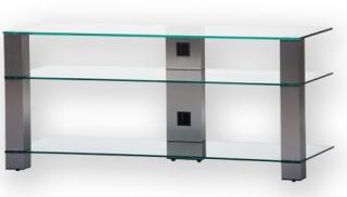 TV stolík SP-340 (číre sklo + strieborné alu) (Luxusný stolík pod televízor v kombinácii sklo, kov. 3x police, vedenie kabeláže, leštené bezpečnostné sklo s hladkými okrajmi. Nosnosť vrchnej police je 50kg)