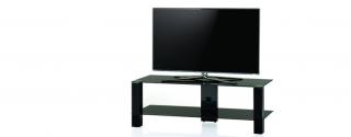 TV stolík SP-3410 (čierne sklo + čierne alu) (Luxusný stolík pod televízor v kombinácii sklo, kov. 2x police, vedenie kabeláže, leštené bezpečnostné sklo s hladkými okrajmi. Nosnosť vrchnej police je 50kg)