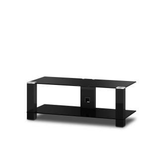 TV stolík SP-3415 (čierne sklo + čierne alu) (Luxusný stolík pod televízor v kombinácii sklo, kov. 2x police, vedenie kabeláže, leštené bezpečnostné sklo s hladkými okrajmi. Nosnosť vrchnej police je 50kg)
