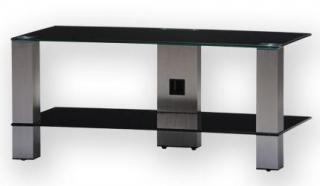 TV stolík SP-3415 (čierne sklo + strieborné alu) (Luxusný stolík pod televízor v kombinácii sklo, kov. 2x police, vedenie kabeláže, leštené bezpečnostné sklo s hladkými okrajmi. Nosnosť vrchnej police je 50kg)