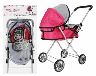 Ružový hlboký kočík pre bábiky kovový rám 61cm