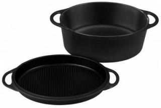 Le Creuset - Liatinový hrniec oválny 32 cm s poklopom na gril - čierny