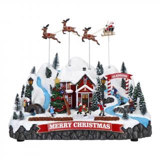 Led hracia dekorácia Dedinka a lietajúce soby 42x30cm - Timstor