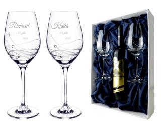 Classic - svadobné poháre na víno s menami a Swarovski® v boxe pre fľašu vína