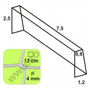 Futbalová sieť - bezuzlová, 7,5 x 2,5 x 0,8 x 1,2/12/4 mm, BIELA