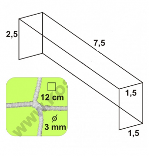 Futbalová sieť - bezuzlová, 7,5 x 2,5 x 1,5 x 1,5/12/3 mm, BIELA