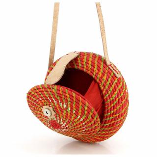 Guľatá kabelka z palmového lístia z Madagaskaru, červená