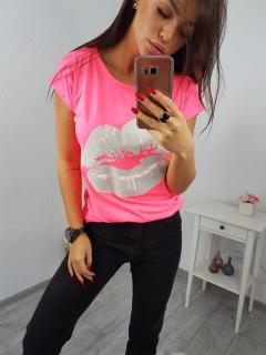 Dámske tričko s potlačou Lips - neonovo ružová