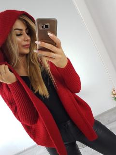 Oversize pletený sveter s kapucňou - červená