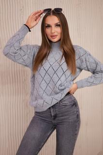 Pletený sveter so stojačikom s dierkovaným vzorom - sivá
