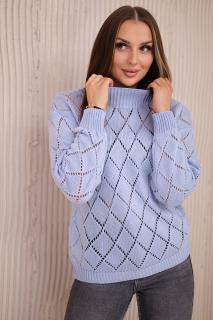 Pletený sveter so stojačikom s dierkovaným vzorom - svetlo modrá