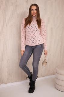 Pletený sveter so stojačikom s dierkovaným vzorom - svetlo ružová