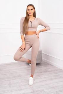 Rebrovaná súprava legíny a crop top - béžová
