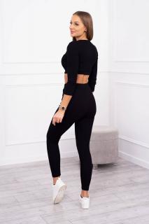 Rebrovaná súprava legíny a crop top - čierna