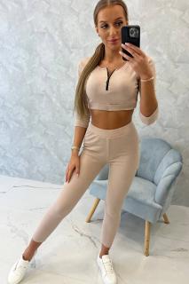 Rebrovaná súprava legíny a crop top - svetlo béžová