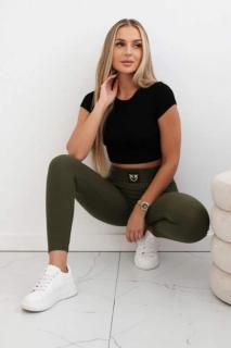Rebrované legíny s vysokým pásom - khaki