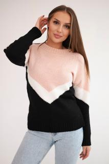 Trojfarebný dámsky sveter - čierna - svetlo ružová