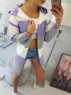 Trojfarebný pletený sveter s kapucňou - smotanová fialová sivá
