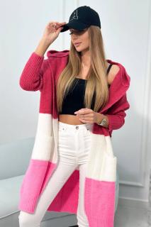 Trojfarebný pruhovaný sveter s kapucňou - fuchsia-smotanová-ružová